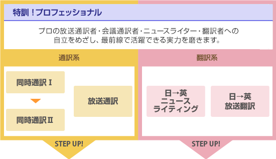 特訓!プロフェッショナル プロの放送通訳者・会議通訳者・ニュースライター・翻訳者への自立をめざし、最前線で活躍できる実力を磨きます。